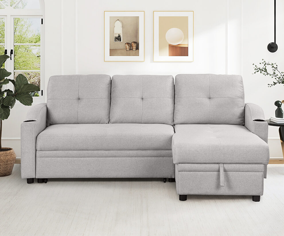 Gray linen fabric modern padded sofa bed with storage chaise by La Spezia