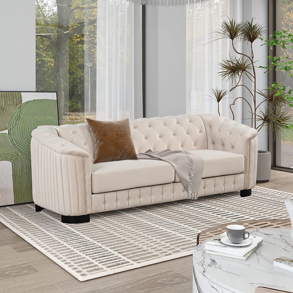 Beige velvet upholstery mid-century modern sofa by La Spezia