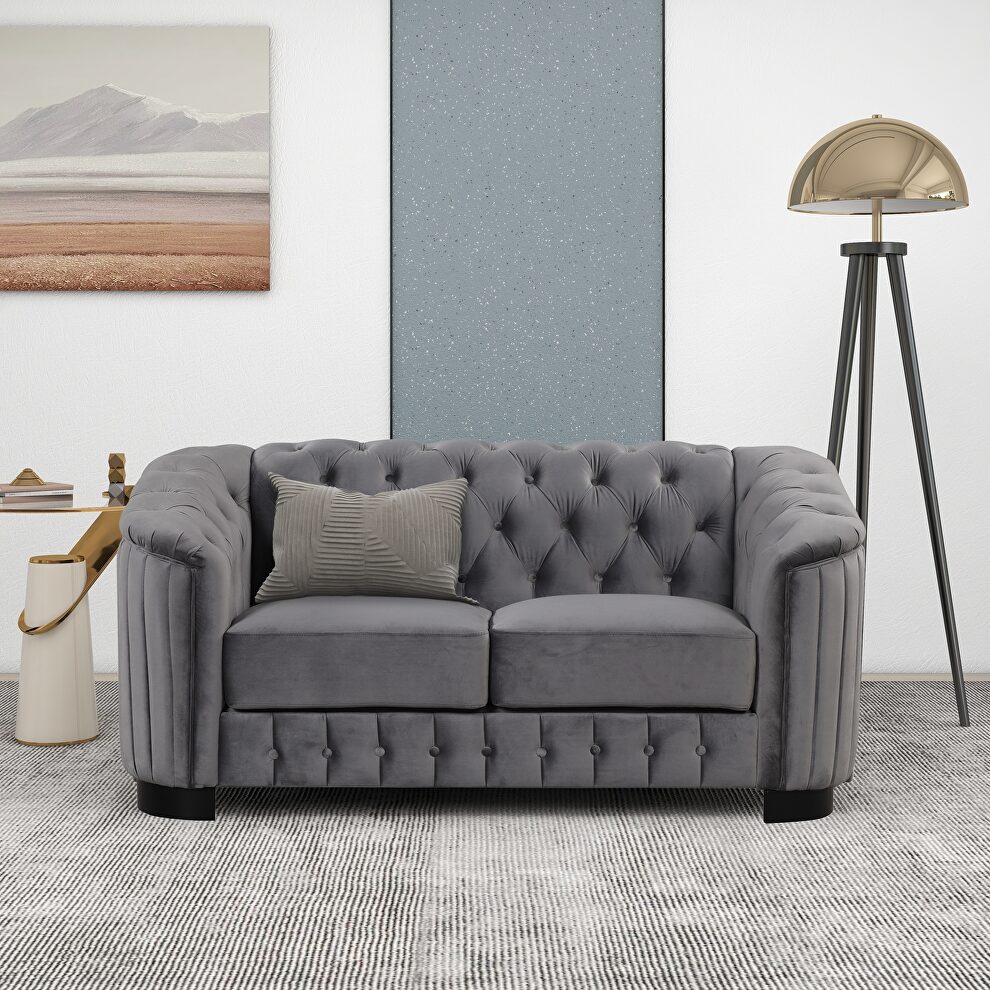 Gray velvet upholstery mid-century modern loveseat by La Spezia