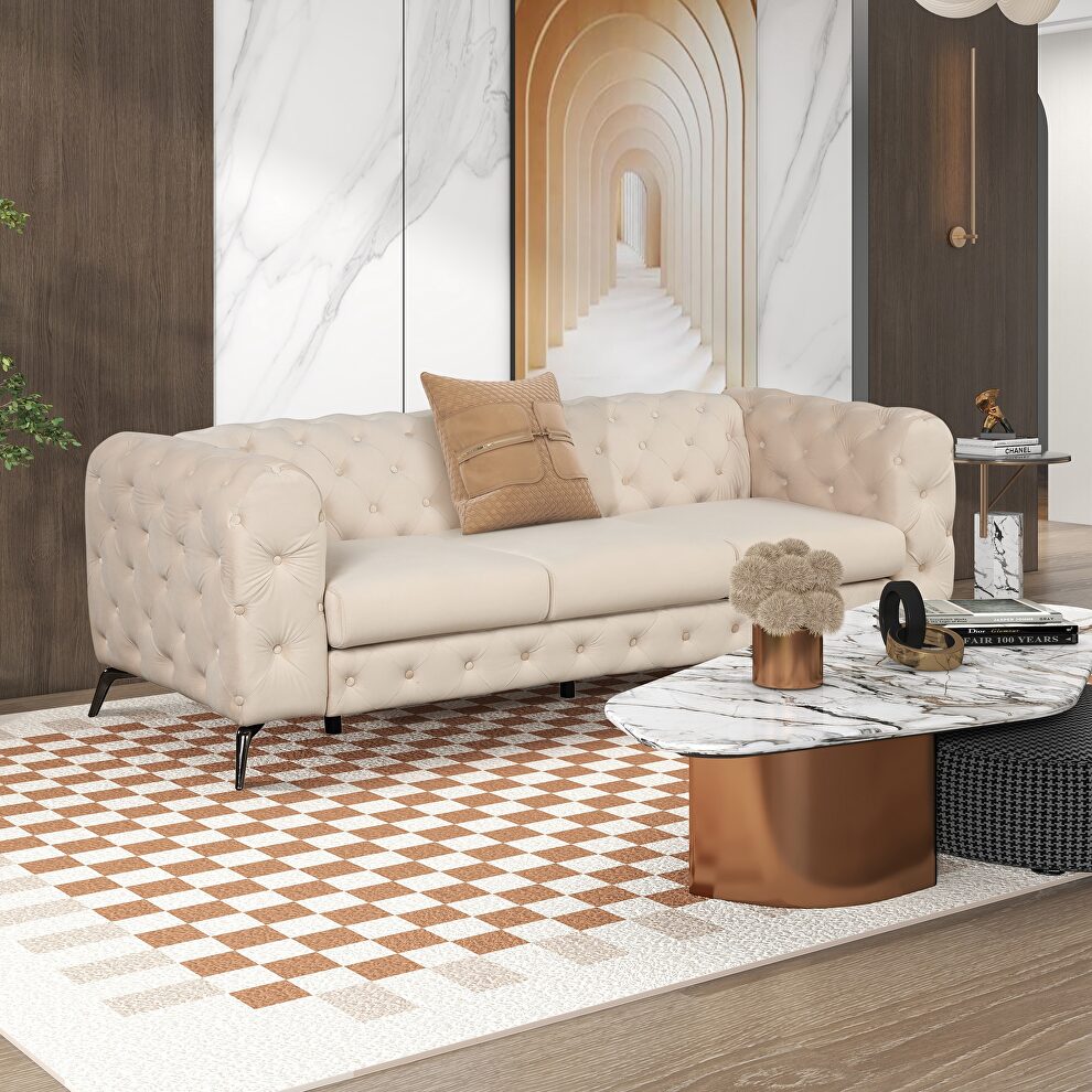 Beige velvet upholstery button tufted modern sofa by La Spezia