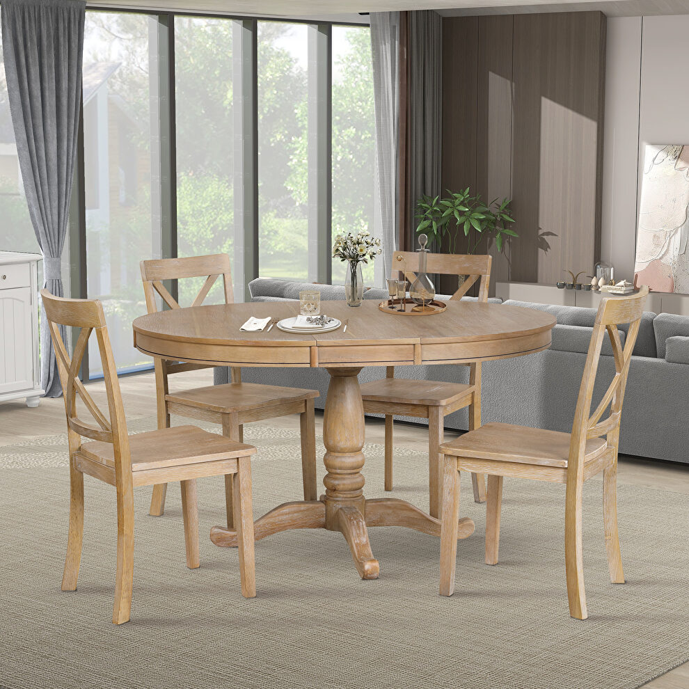 Natural wood wash modern dining table set: round table and 4 chairs by La Spezia