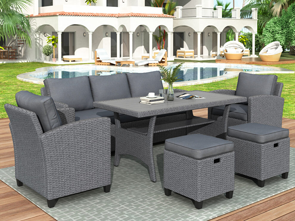 6-piece outdoor gray rattan wicker set patio garden backyard sofa, chair, stools and table by La Spezia