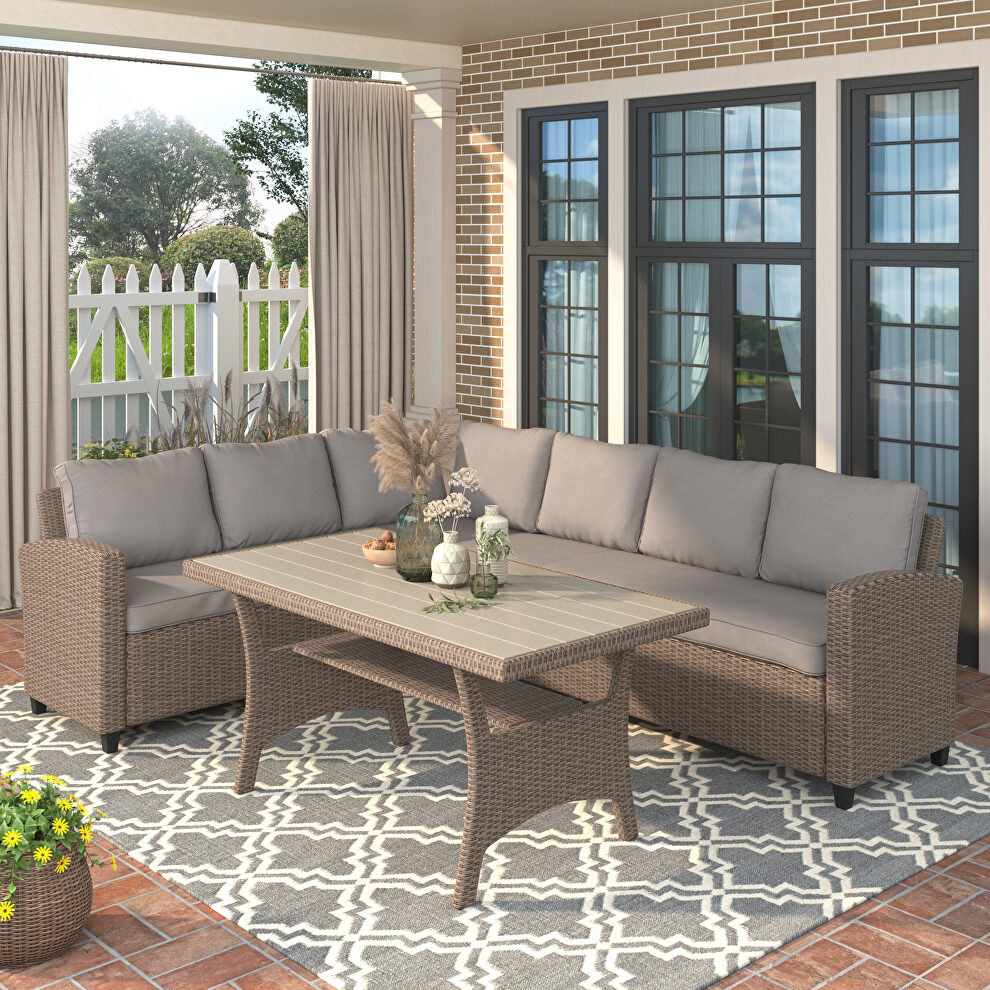 All-weather sectional sofa set with table and brown soft cushions by La Spezia