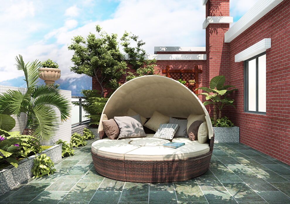Round outdoor sectional sofa set rattan daybed sunbed with retractable canopy by La Spezia