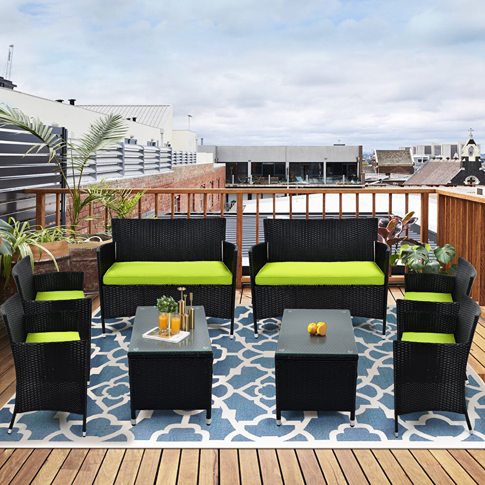 8 pcs patio furniture outdoor garden conversation wicker sofa set, green cushions/ black wicker by La Spezia