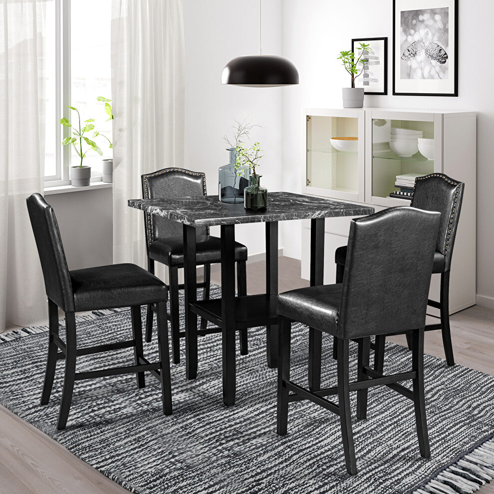 5 piece dining set with black table and matching chairs by La Spezia