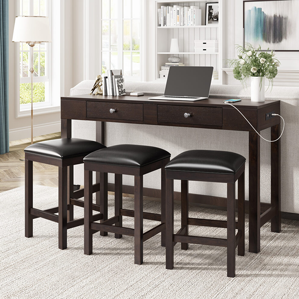 Espresso 4-piece counter height table set with socket and leather padded stools by La Spezia