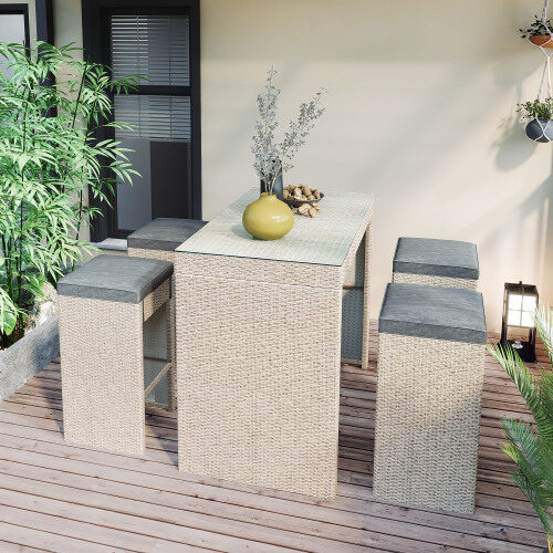 5-piece rattan outdoor patio furniture set bar dining table set with 4 stools, gray cushion by La Spezia