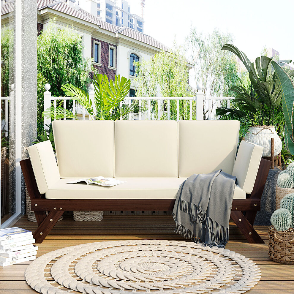 Brown outdoor adjustable patio wooden daybed sofa chaise with beige cushions by La Spezia