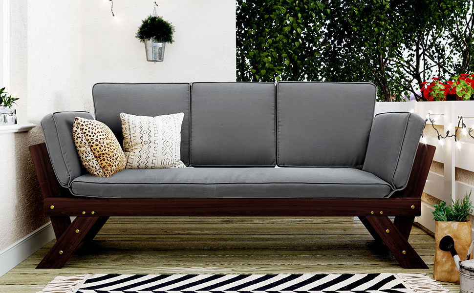 Brown outdoor adjustable patio wooden daybed sofa chaise with gray cushions by La Spezia
