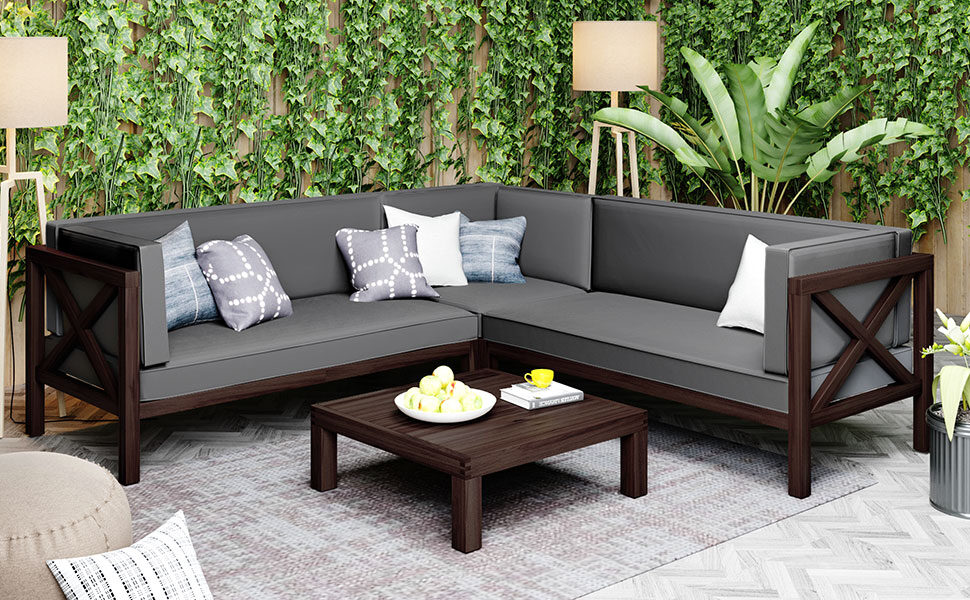 Outdoor wood patio backyard 4-piece sectional seating group with cushions and table x-back sofa set by La Spezia