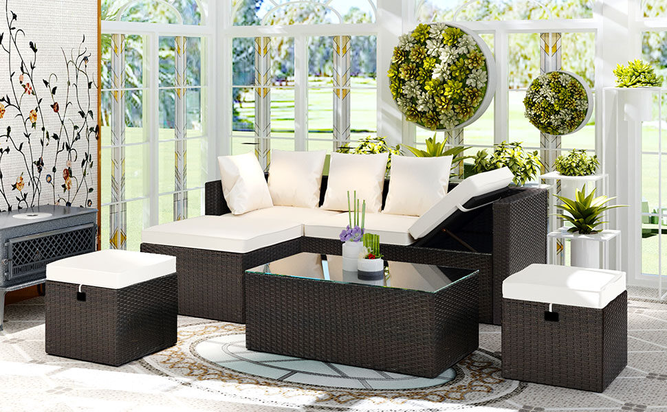 5-piece all weather pe wicker sofa set rattan adjustable chaise lounge with tempered glass tea table and removable cushions by La Spezia