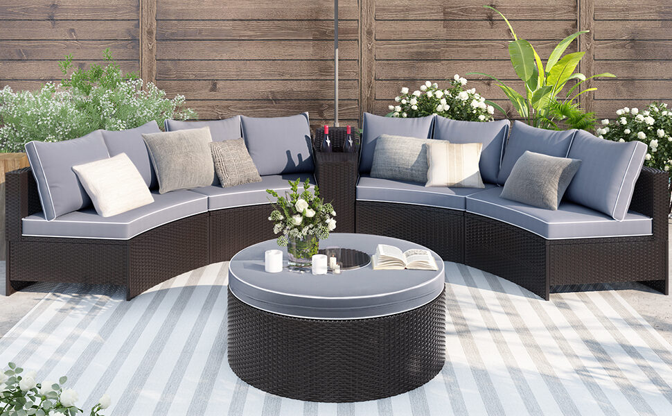 6 pieces outdoor sectional half round patio rattan sofa set by La Spezia