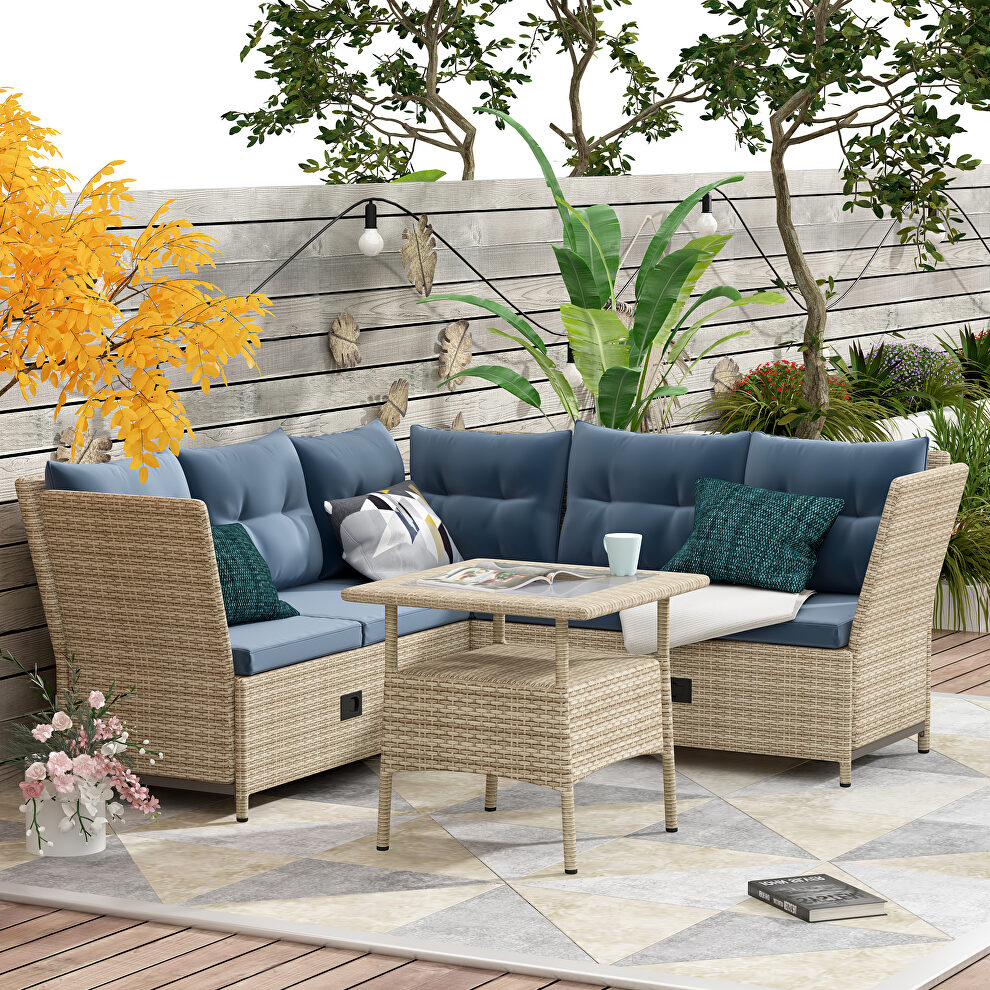 4-piece all weather pe wicker rattan sofa set with adjustable backs for backyard, poolside, gray by La Spezia