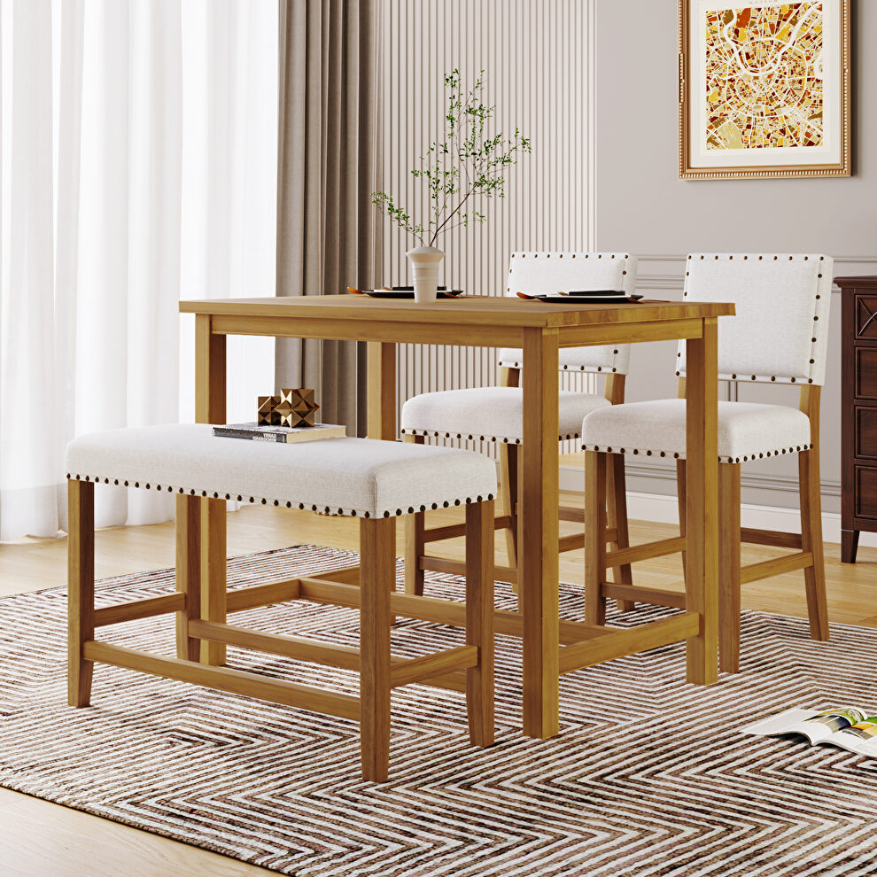 4-piece rustic natural\ beige wooden counter height dining table set with upholstered bench for small places by La Spezia
