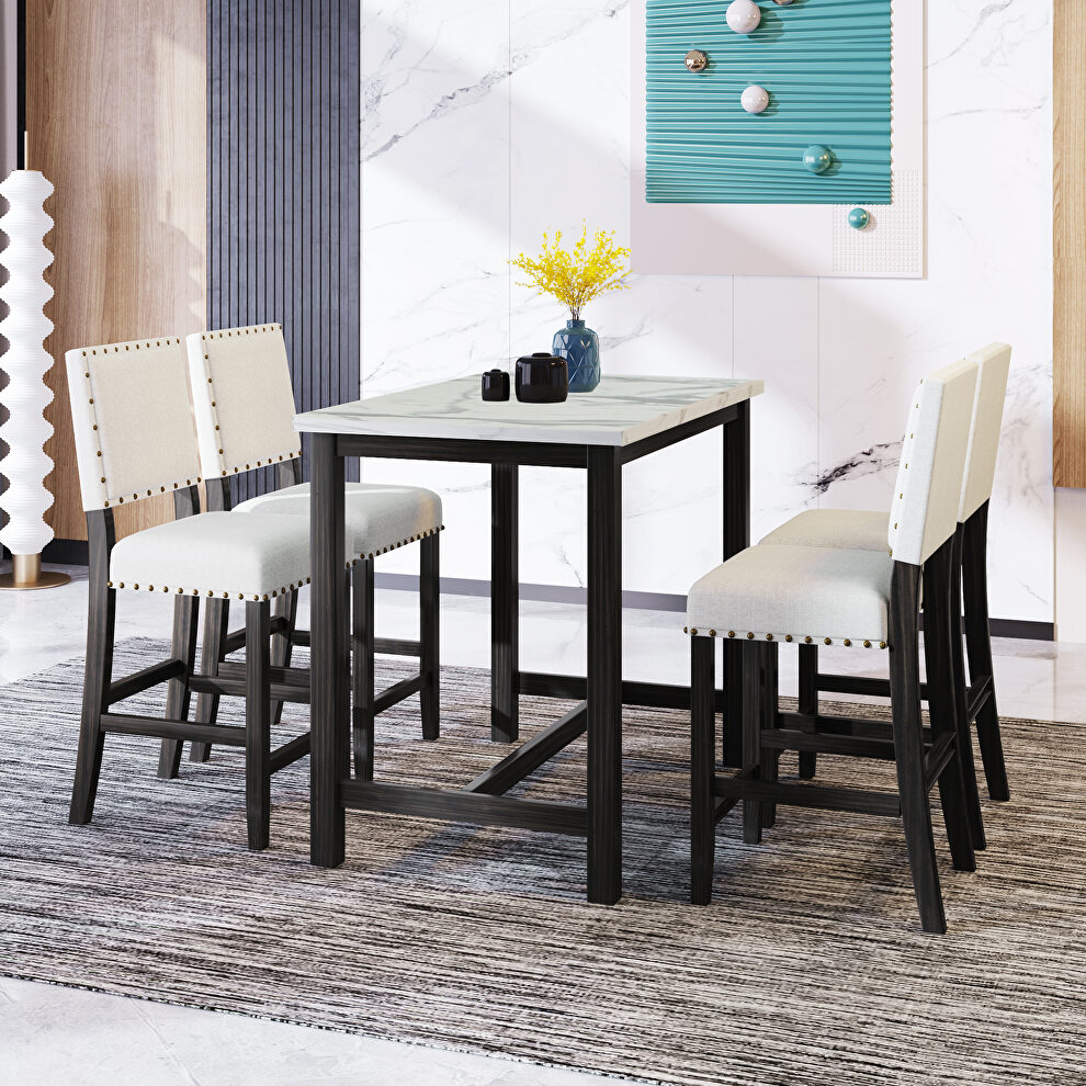 5-piece wooden counter height faux marble top dining table set with 4 upholstered chairs by La Spezia