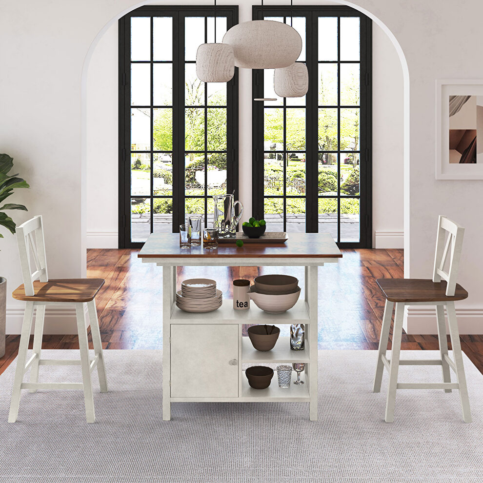 Farmhouse 3-piece counter height dining table set in walnut and distressed white by La Spezia