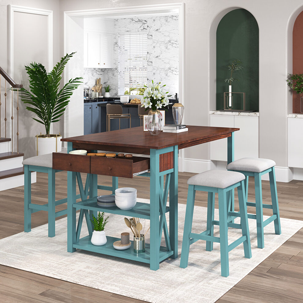 Walnut/ blue rustic wood 4-piece counter height dining table set with 2 stools and bench by La Spezia