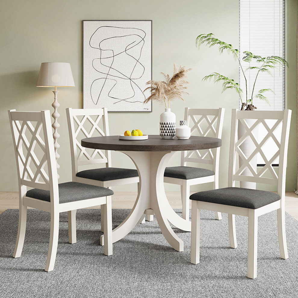 Midcentury solid wood 5-piece brown/ gray round  table set with upholstered chairs by La Spezia