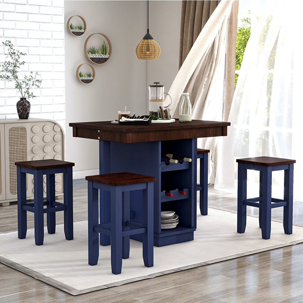 Farmhouse 5-pieces counter height dining set square wood table and 4 stools in brown/ blue by La Spezia