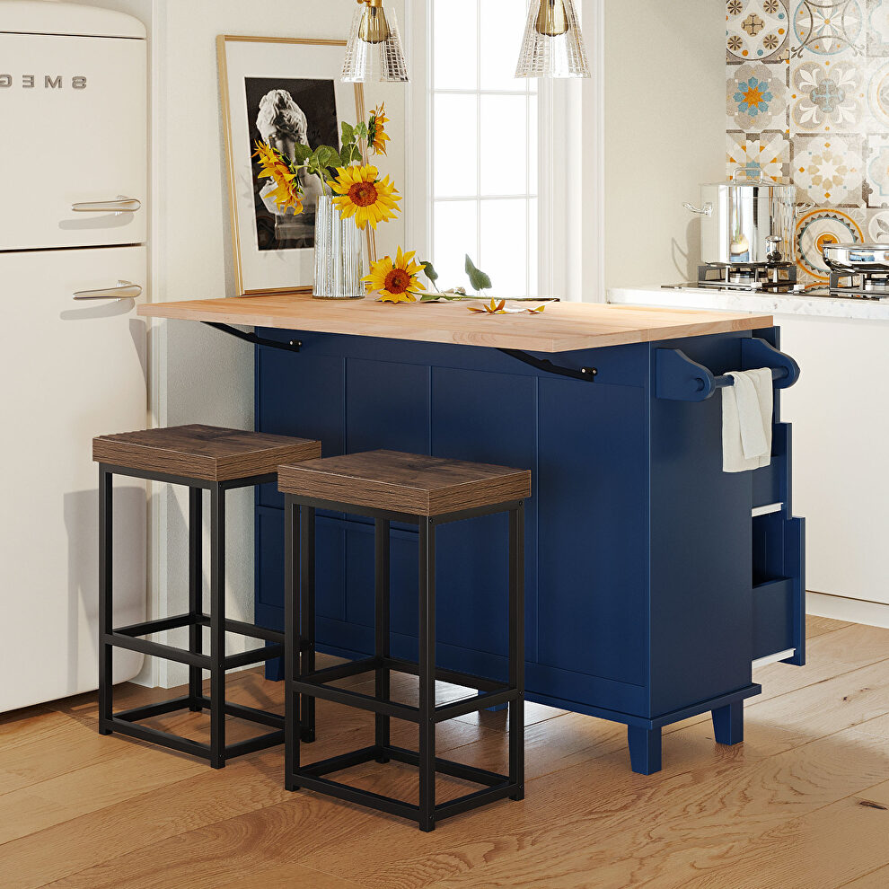 Kitchen island set with drop leaf and 2 seatings dining table set in blue/ black/ brown by La Spezia