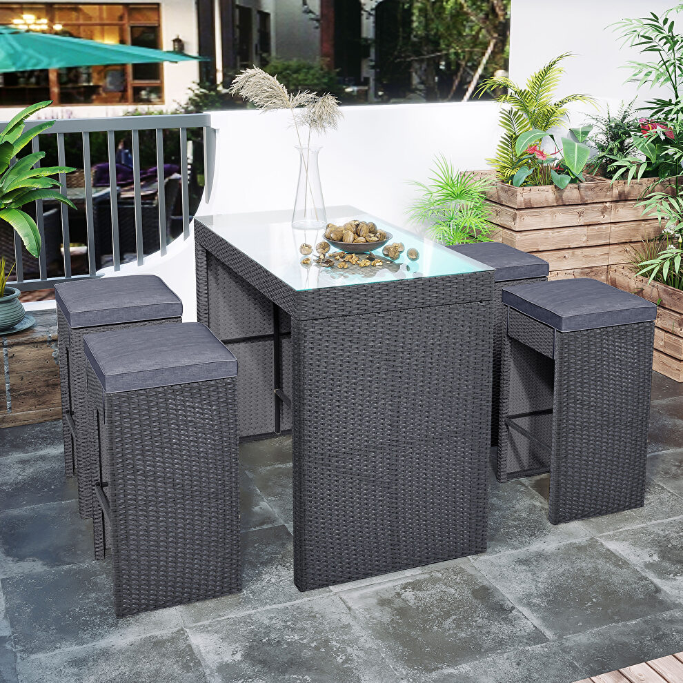 5-piece rattan outdoor bar dining table set with 4 stools in gray by La Spezia