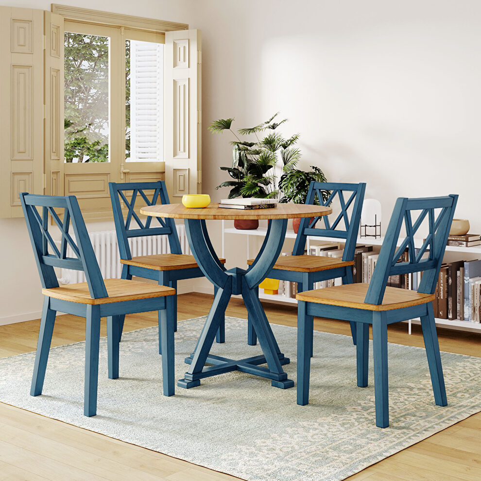 Antique oak and blue mid-century 5-piece round dining table set with 4 cross back dining chairs by La Spezia