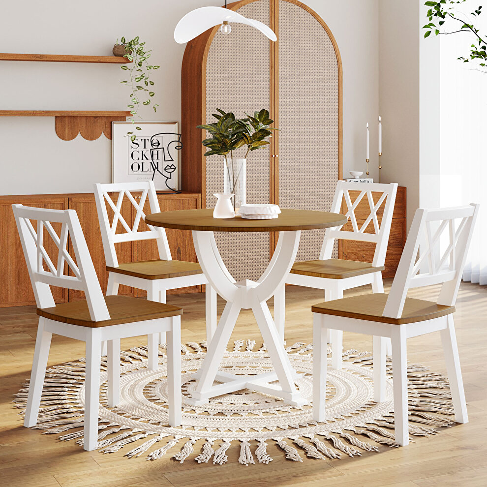 Antique oak and white mid-century 5-piece round dining table set with 4 cross back dining chairs by La Spezia