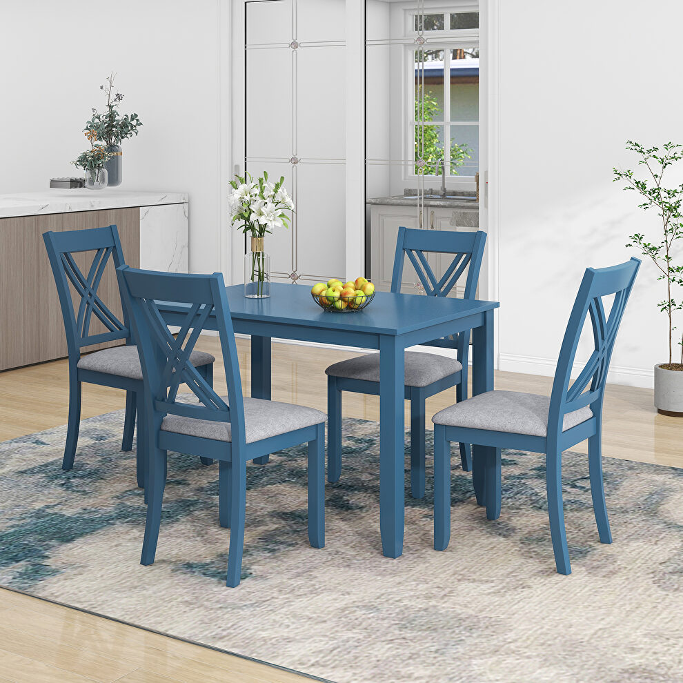 Blue wood 5-piece rustic dining table set with 4 x-back chairs by La Spezia