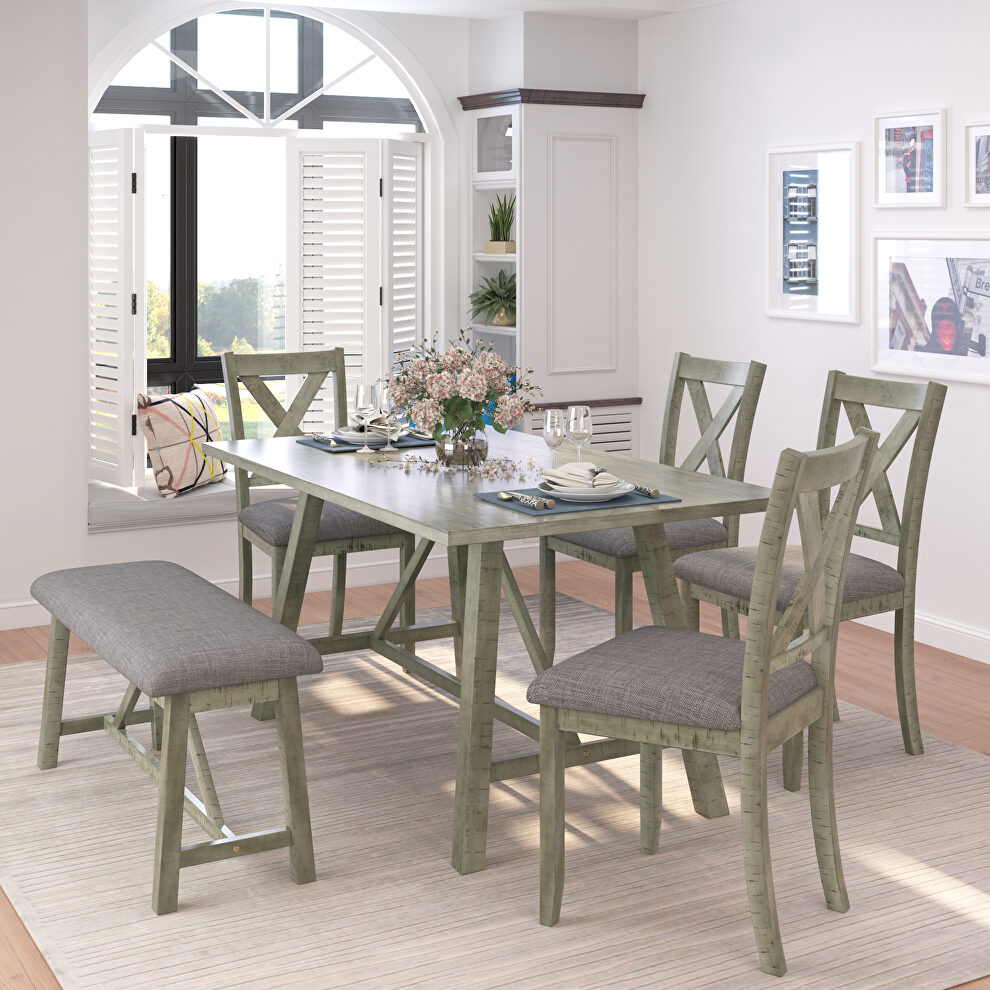 6-piece dining table set: wood dining table, 4 chairs and  bench in  gray by La Spezia