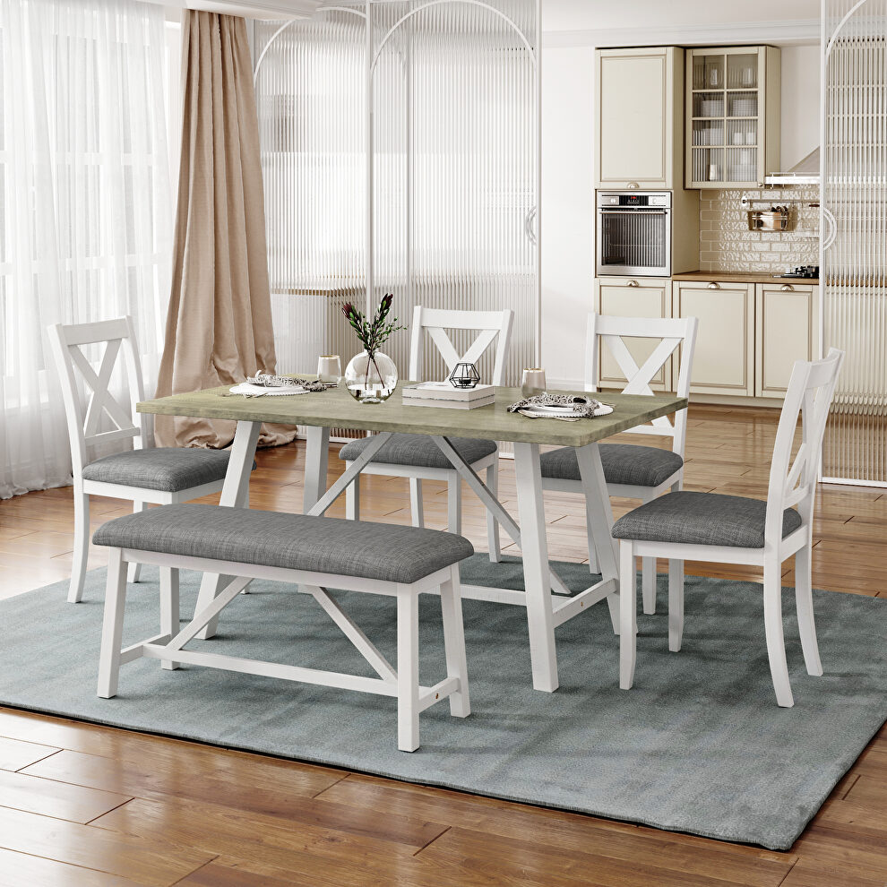 6-piece dining table set: wood dining table, 4 chairs and  bench in white/ gray by La Spezia
