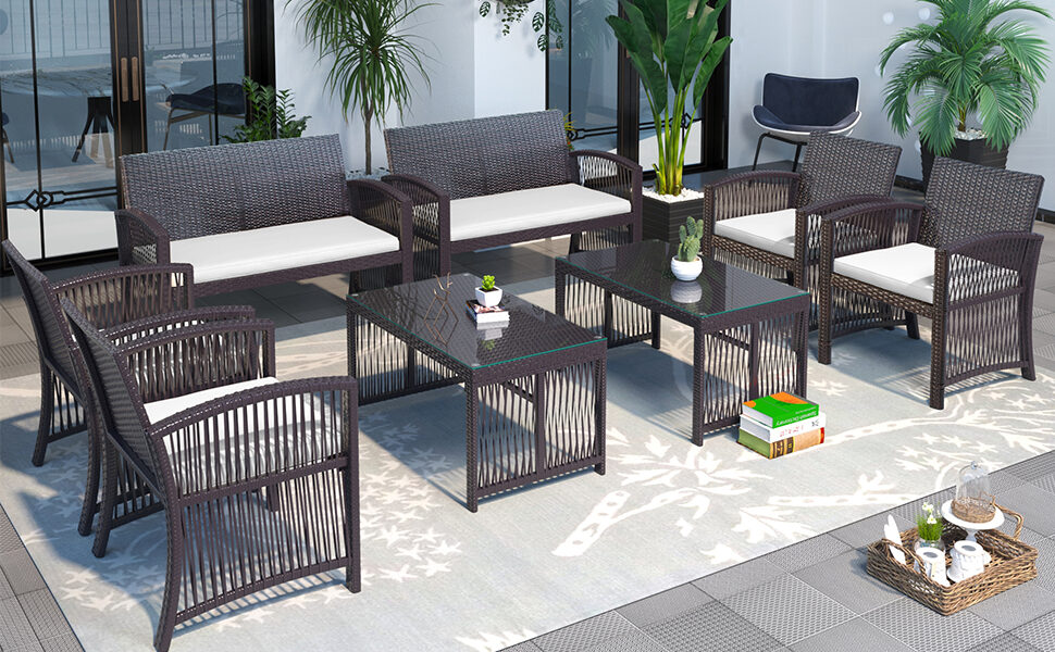Brown rattan chair, sofa and table patio 8 piece set by La Spezia