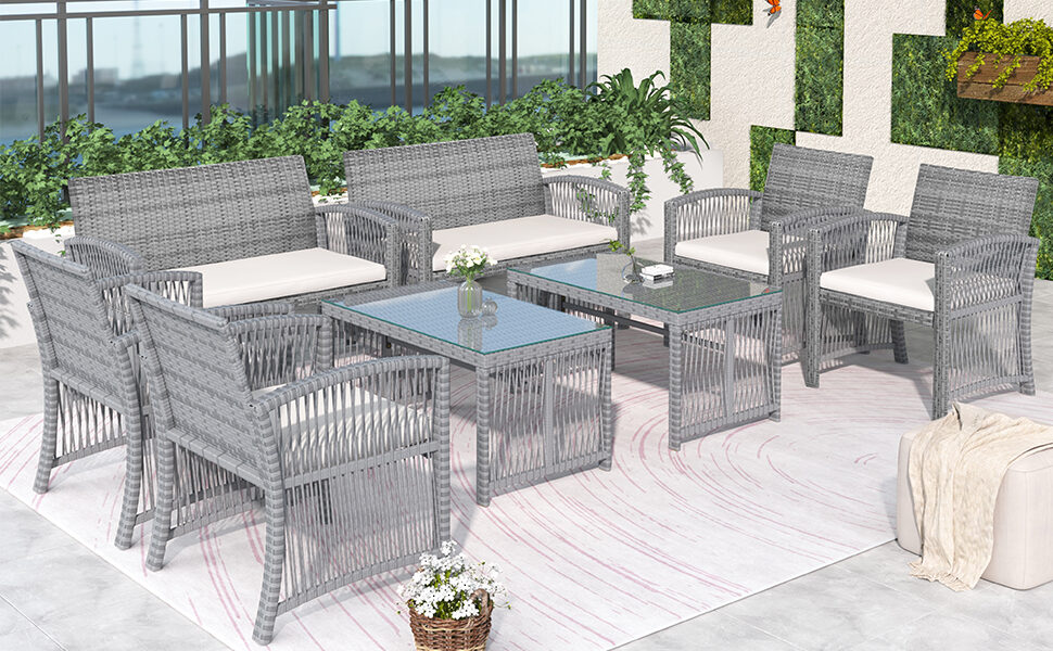 Gray rattan + beige cushion chair, sofa and table patio 8 piece set by La Spezia