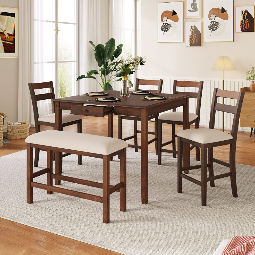 Walnut wood 6-piece dining table set with upholstered chair and bench by La Spezia