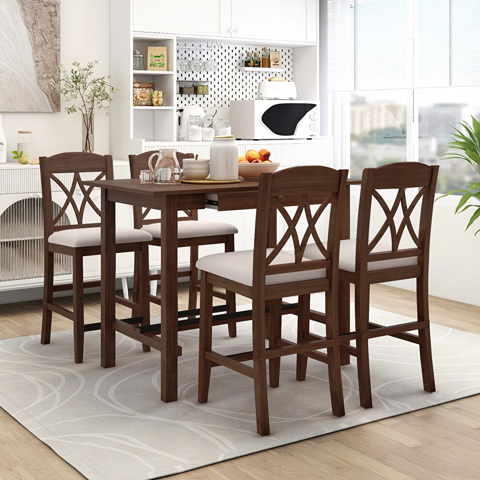 Counter height walnut wood 5-piece dining table set with 4 upholstered chairs and 1 storage drawer by La Spezia