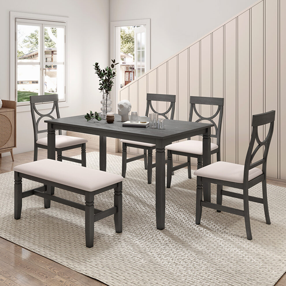 6-piece gray wood dining table set with upholstered bench and 4 dining chairs by La Spezia