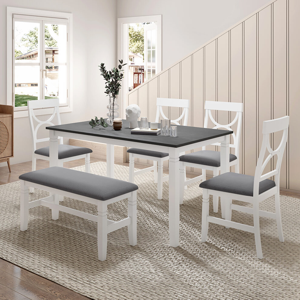 6-piece gray/ white wood dining table set with upholstered bench and 4 dining chairs by La Spezia