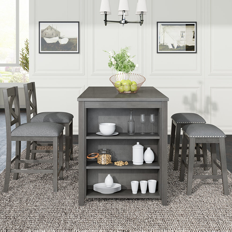 5-pieces counter height rustic farmhouse wooden table set with 2 stools and 2 chairs in gray by La Spezia