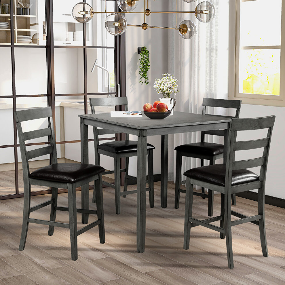 Gray square counter height wooden kitchen dining set with table and 4 chairs by La Spezia