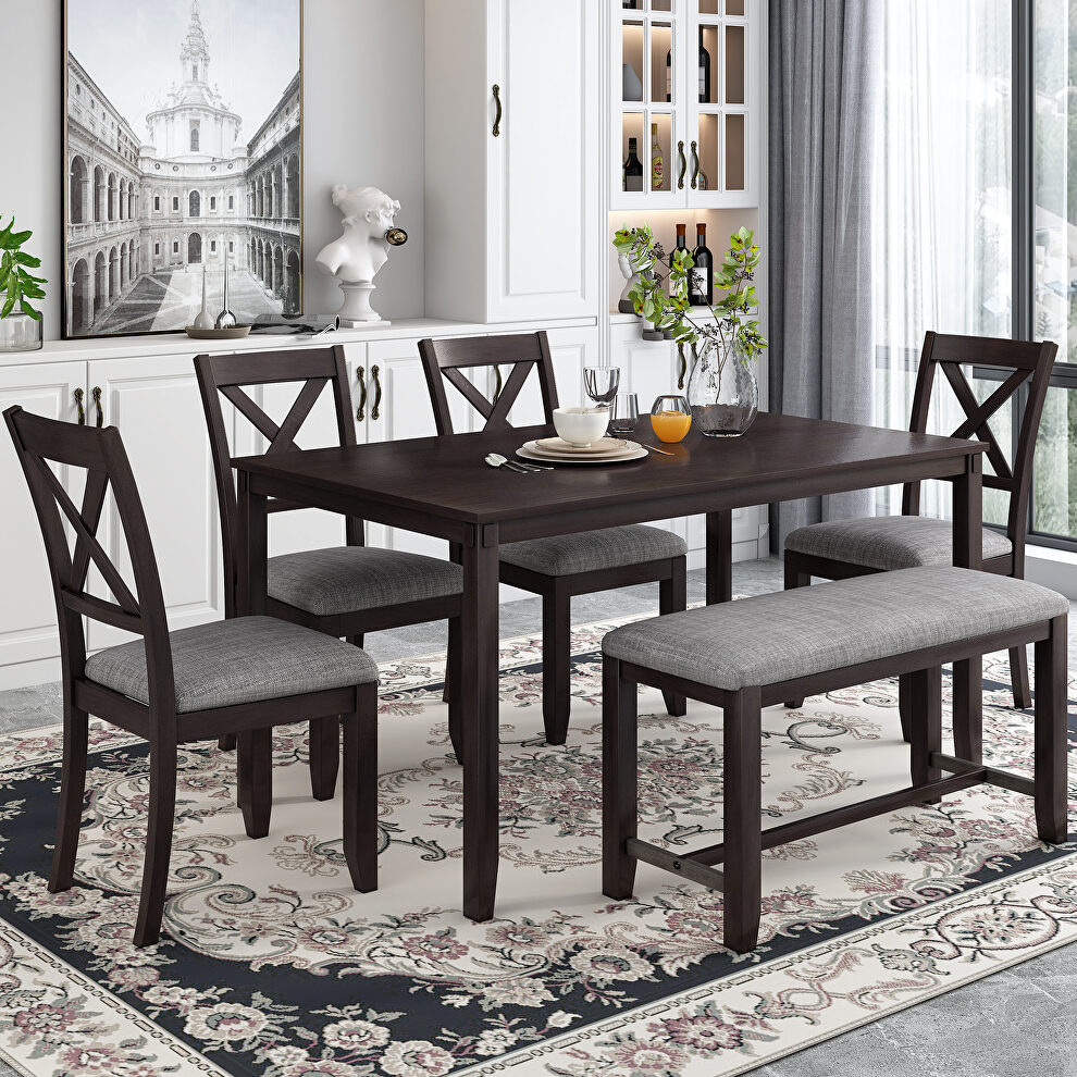 6-piece wooden dining table set: rectangular dining table, 4 dining chairs and bench in espresso by La Spezia