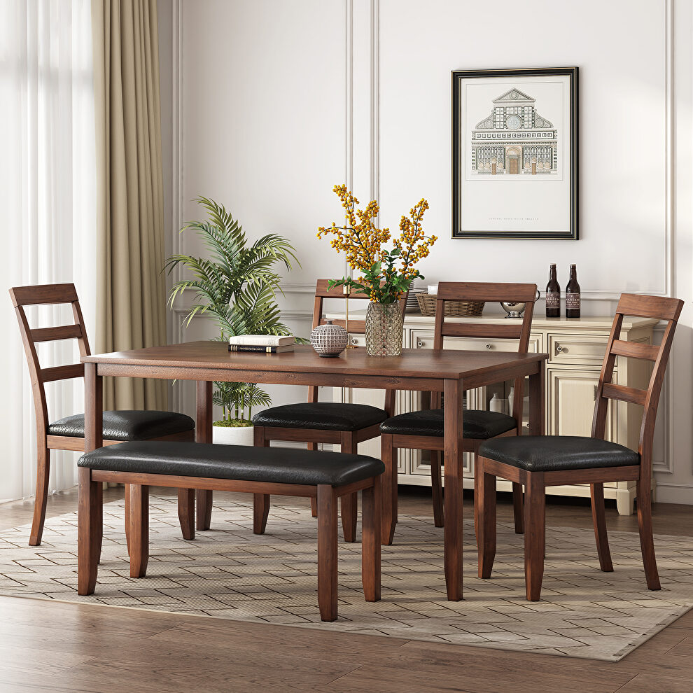 6-piece walnut wooden dining table and pu cushion chair with bench by La Spezia
