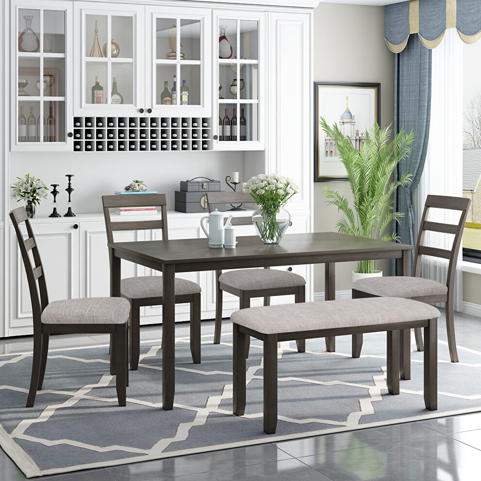 6-piece gray wooden dining table and fabric cushion chair with bench by La Spezia