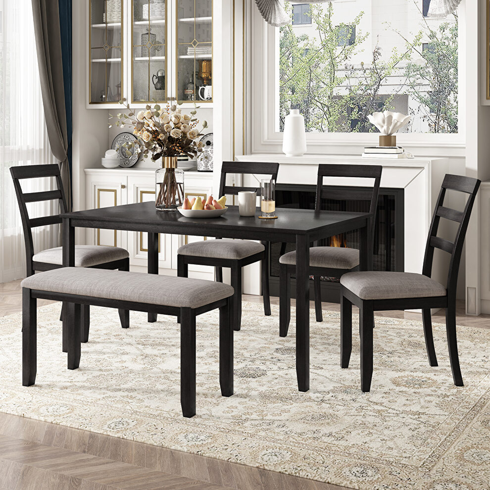 6-piece espresso wooden dining table and fabric cushion chair with bench by La Spezia