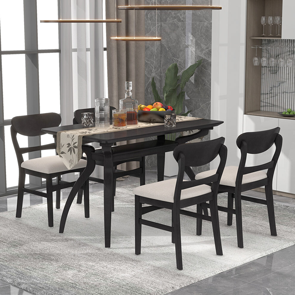 Espresso rubber wood frame dining table set with special shape legs and 4 soft cushion chairs by La Spezia