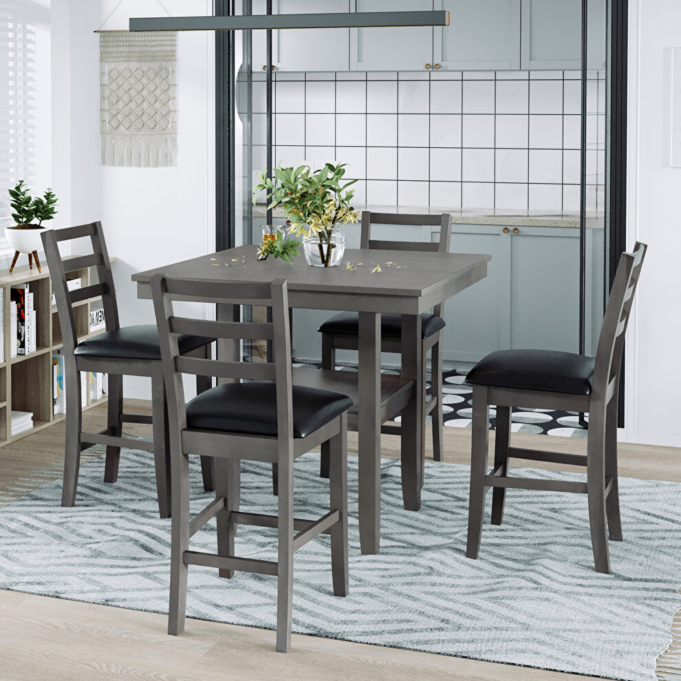 Gray 5-piece wooden counter height dining set with 4 padded chairs by La Spezia