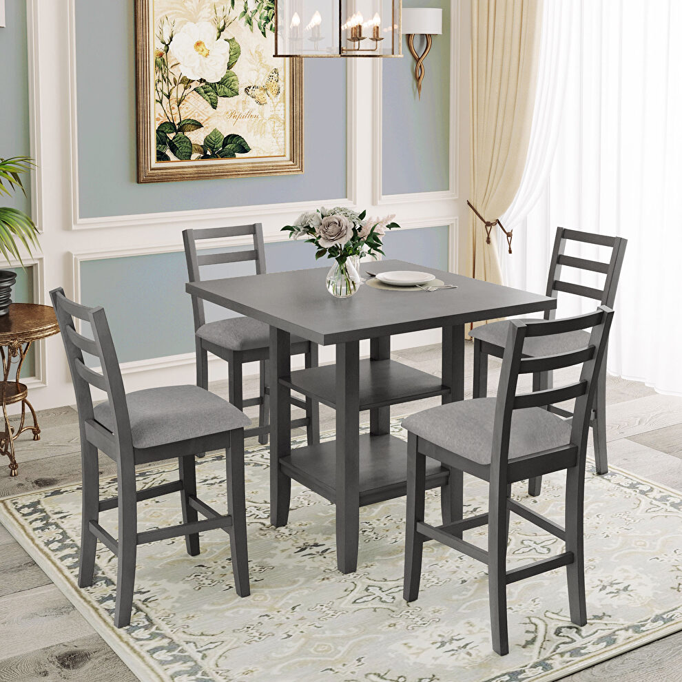 5-piece wooden counter height dining set with padded chairs and storage shelving in gray by La Spezia
