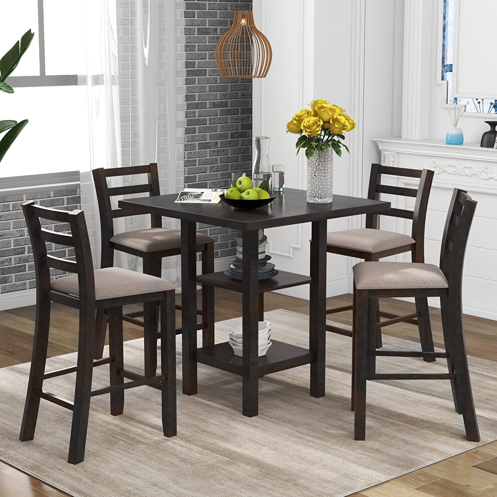 5-piece wooden counter height dining set with padded chairs and storage shelving in espresso by La Spezia
