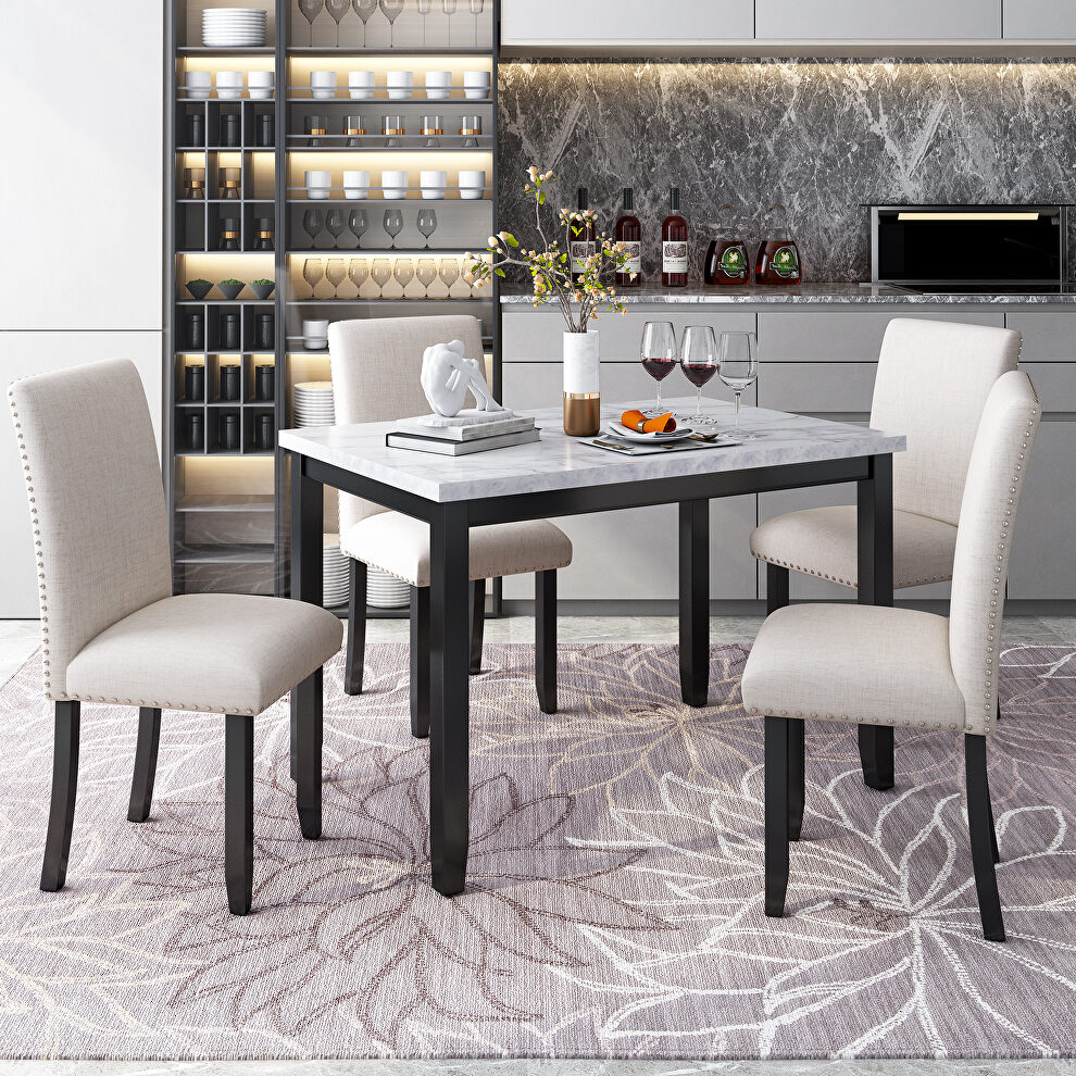 Faux marble 5-piece dining set table with 4 thicken cushion dining chairs by La Spezia