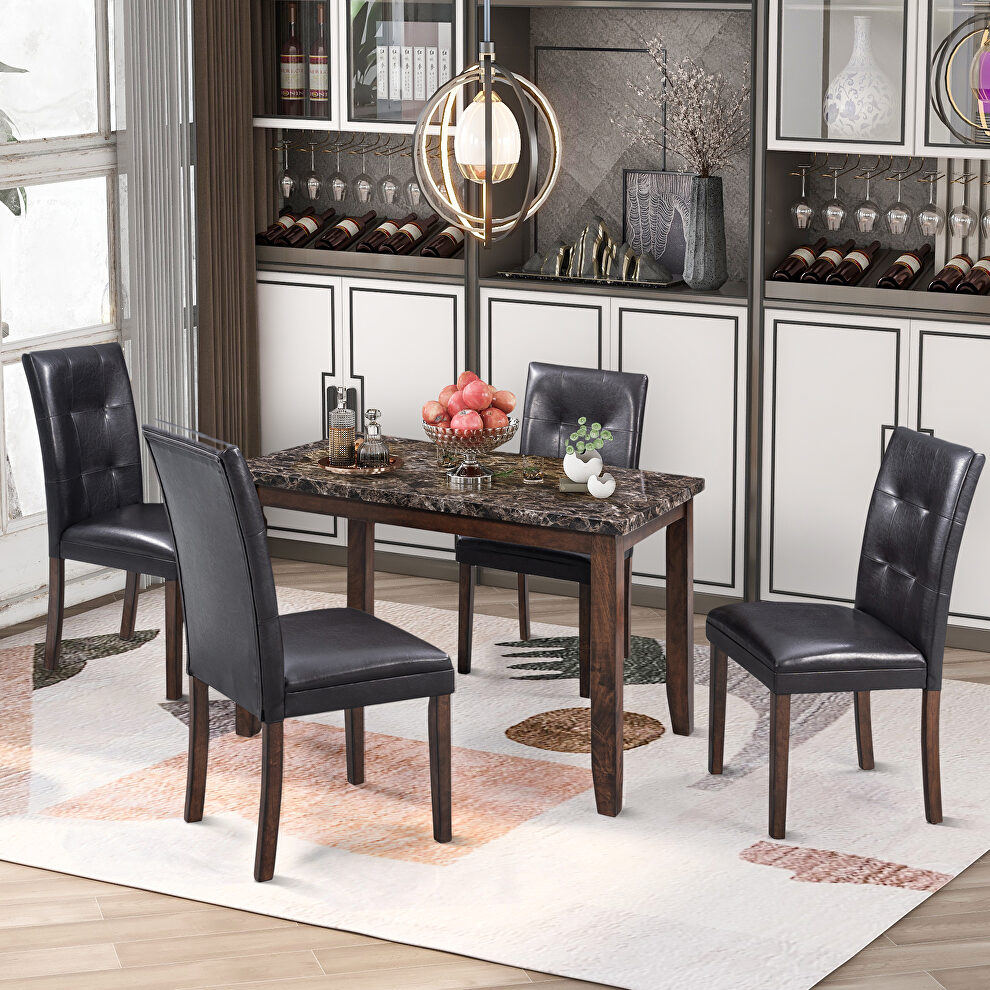 Brown/black faux marble 5-piece dining set table with 4 thicken cushion dining chairs by La Spezia