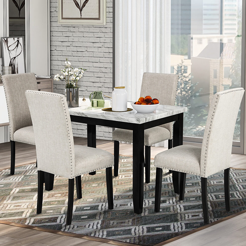White/beige faux marble 5-piece dining set table with 4 thicken cushion dining chairs by La Spezia